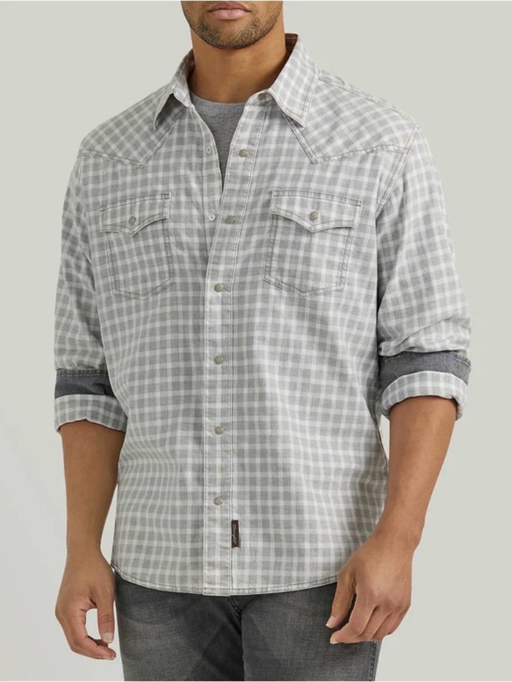 Wrangler Retro Premium Grey White Gingham Western Pearl Snap Shirt Men’s Large